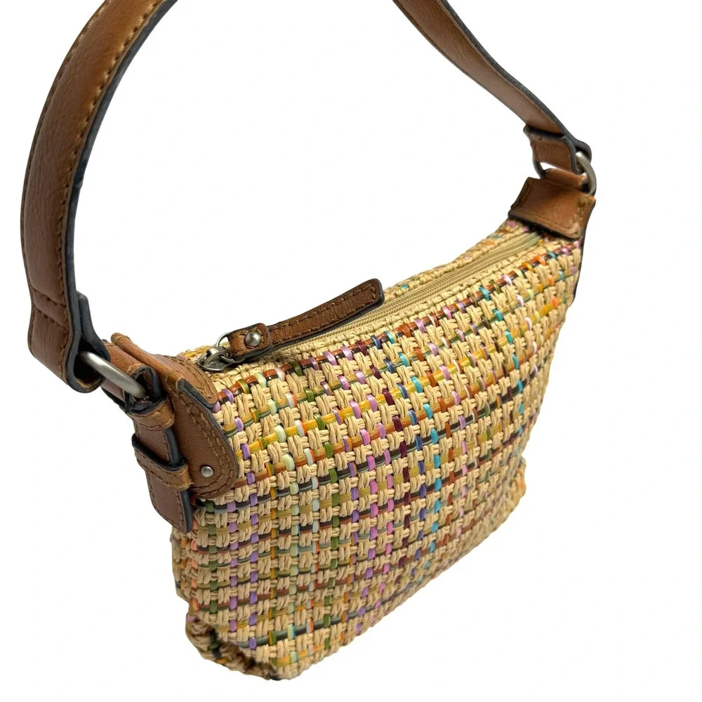 Y2K Fossil Mini Shoulder Bag Woven Straw Rainbow Detail Brown Leather Whimsy